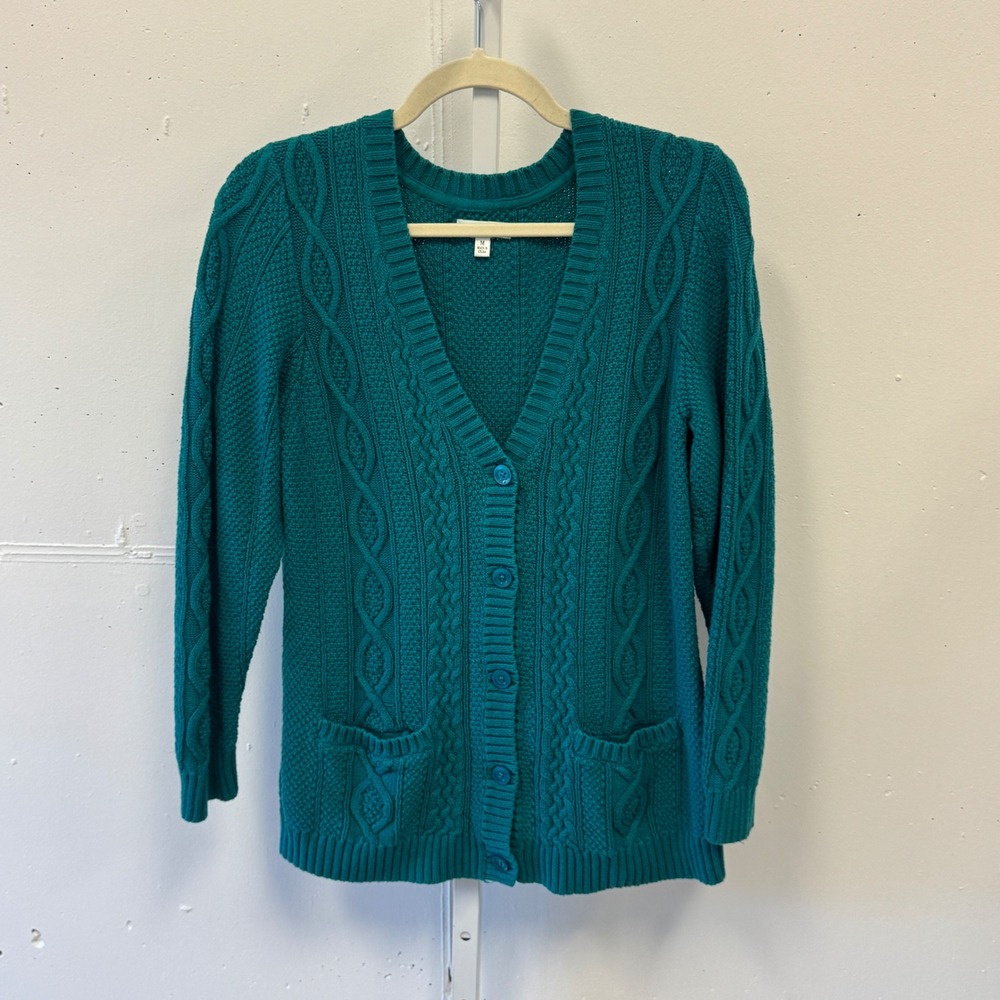 Y2K Croft & Barrow Women's Teal Green Cable Knit Button Front Cardigan Sweater M